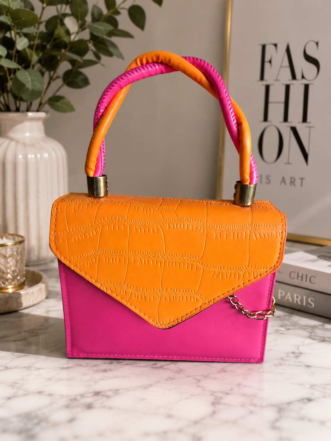 PINK-ORANGE TOP HANDLE BAG