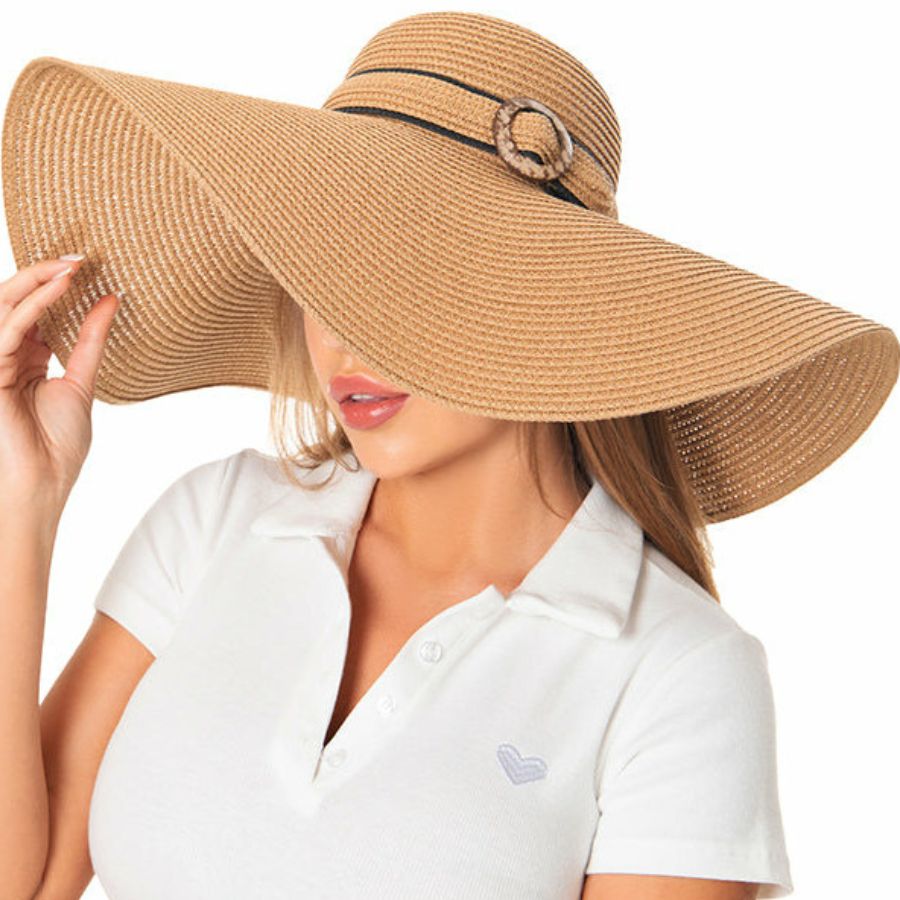 BOHO STRAW SUN HAT: Boho buckle stripe decor wide brim floppy straw sun hat - arriesfashions